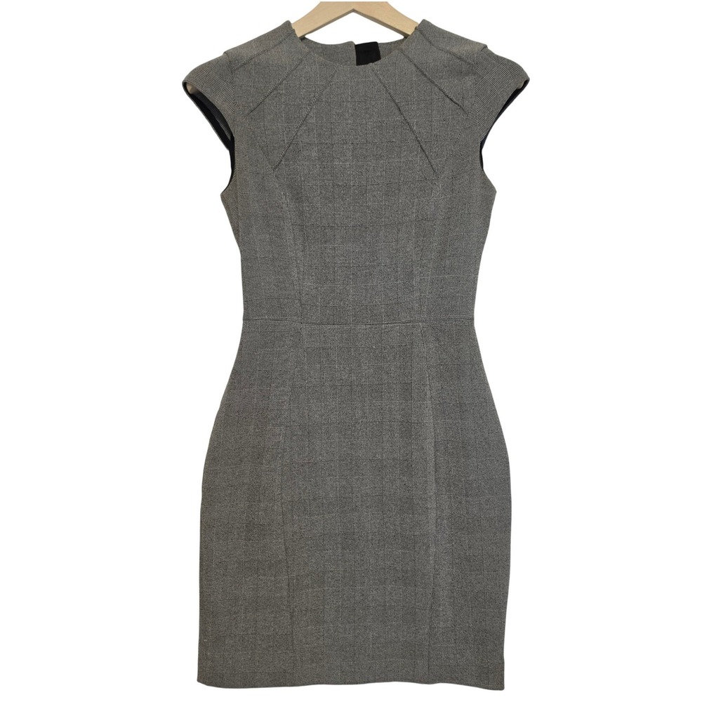 H&M Glen Plaid Sheath Cap Sleeve Work Office Dress Grey Size 6